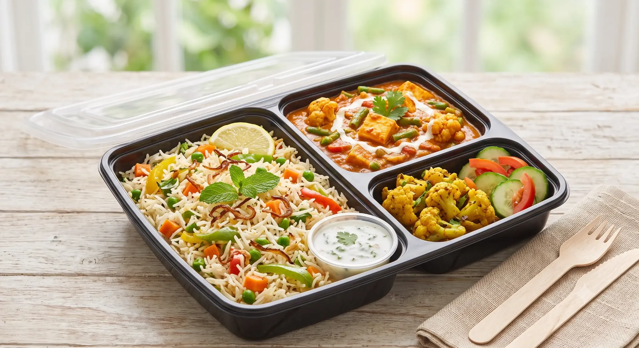 3 CP meal box with biryani, raita and curry